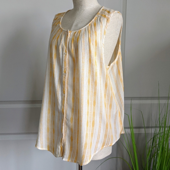 Lucky Brand Sleeveless Button Front Tie Front Stripe Scoop Neck Gold White L NWT - Picture 7 of 8